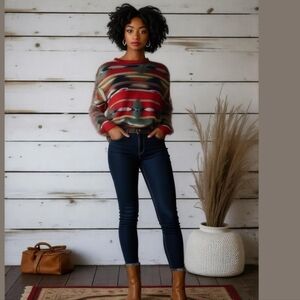 𝅺VINTAGE Multicolored Stripes Oversized Chunky Knit Crewneck Sweater Size Large